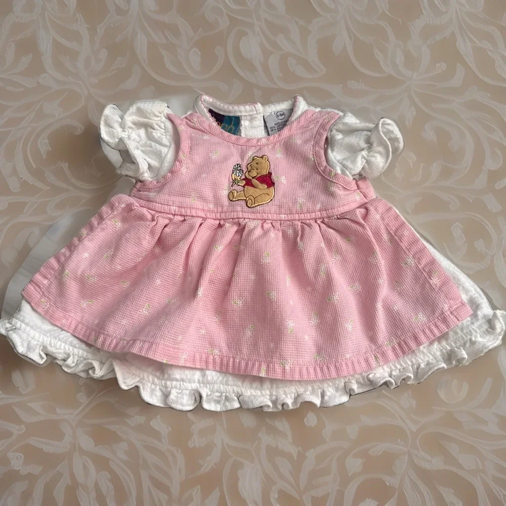Vintage Disney Winnie the Pooh Pink Floral Embroidered Apron Dress Ruffle Sleeve